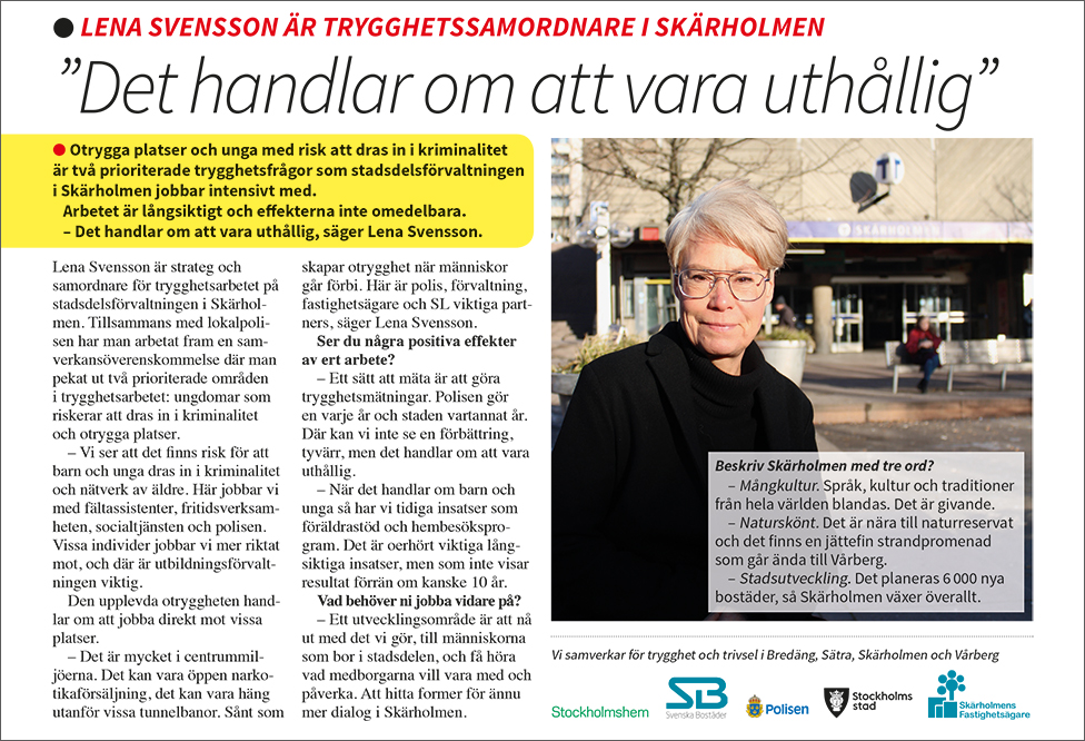 Lena Svensson är strateg och samordnare för trygghetsarbetet på stadsdelsförvaltningen i Skärholmen.